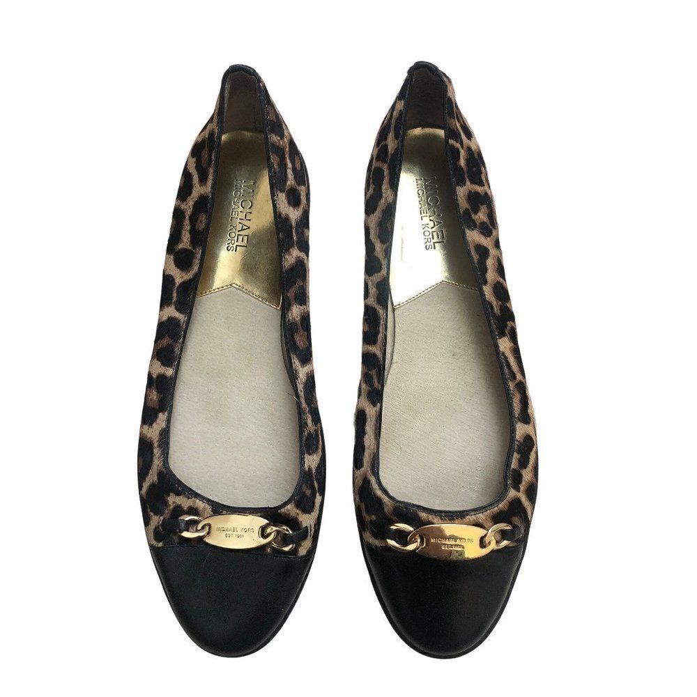 Michael Kors Lainey Leopard Round Toe Haircalf Leather Ballet Shoes Size 10 M